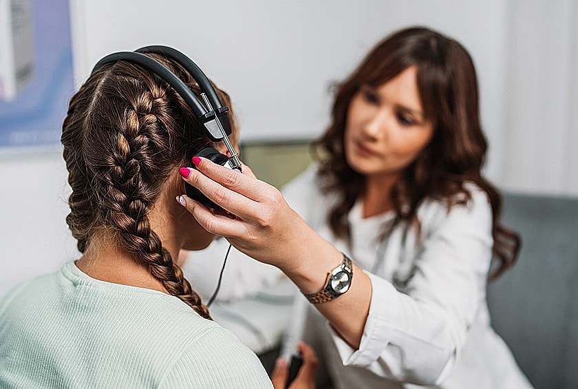 Hearing test with headphones in clinical setting.